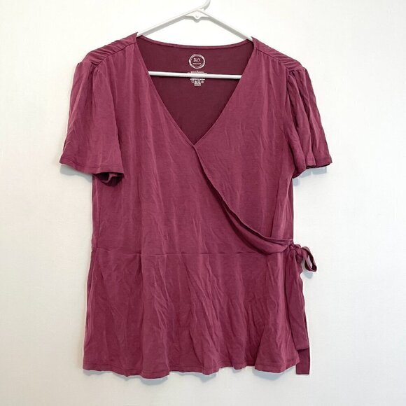 MAURICES 24/7 Wrap Front Top Berry Mauve Pink ish Surplice Short Sleeve Peplum L - Picture 2 of 12